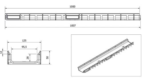 Kanał Odwodnieniowy ACO Plastic Channel Niski 5cm z Rusztem Nierdzewnym Szczelinowym 100cm (P330012)