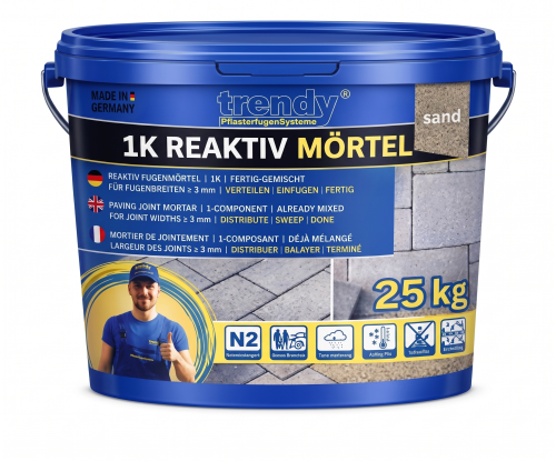 Niebieskie wiaderko 25 kg gotowej fugi drenażowej do kostki trendyFIX 1K w kolorze piasek