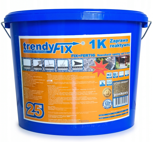 Niebieskie wiaderko 25 kg gotowej fugi drenażowej do kostki trendyFIX 1K w kolorze piaskowy
