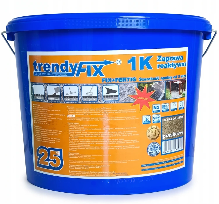 Niebieskie wiaderko 25 kg gotowej fugi drenażowej do kostki trendyFIX 1K w kolorze piaskowy