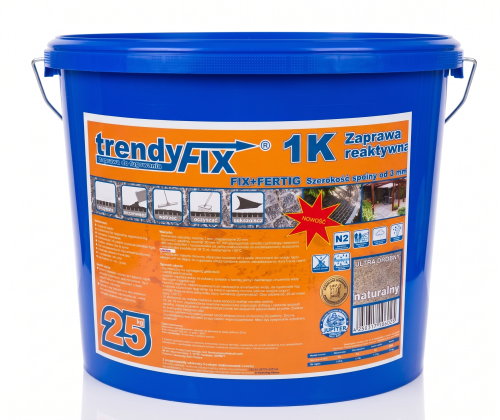 Niebieskie wiaderko 25 kg gotowej fugi drenażowej do kostki trendyFIX 1K w kolorze naturalnym