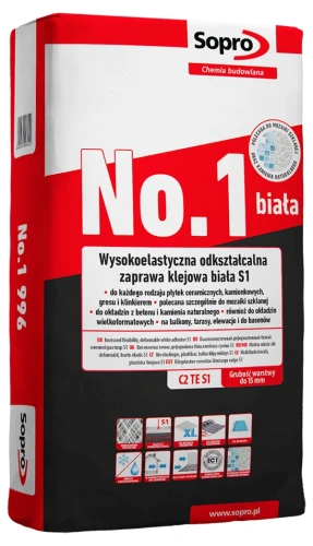 Sopro No.1 996 - biały klej wysokoelastyczny S1 do glazury, gresu i kamienia, 22,5 kg