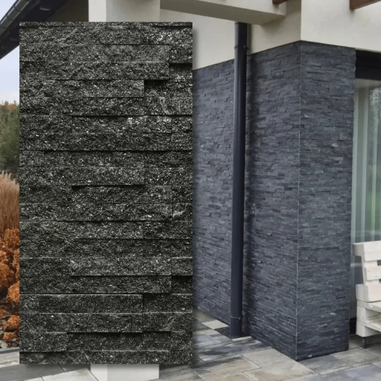 Kamień elewacyjny kwarcytowy Stackstone Black 10x36 - głęboka czerń o strukturze naturalnej