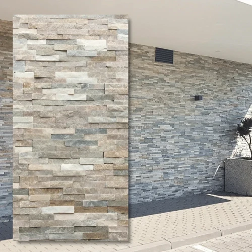 Kamień elewacyjny kwarcytowy Stackstone Beige Slate 10x36 - beżowo-szary panel naturalny