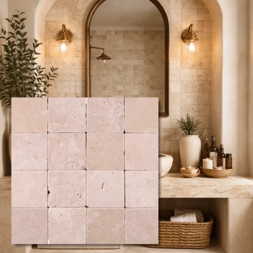 Trawertyn Light Bebnowany 10x10x1 cm - mozaika z kamienia naturalnego