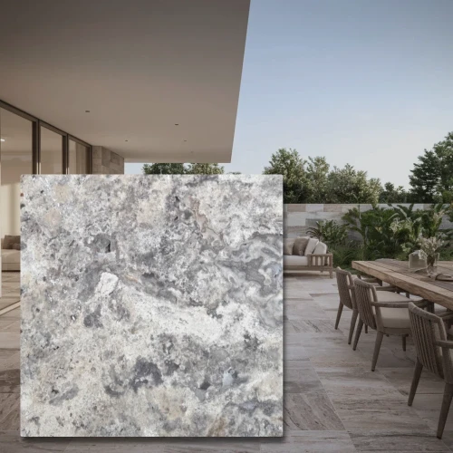 Trawertyn Silver Latte Greige Bębnowany 61x61x3 cm - kwadratowa płyta z kamienia naturalnego