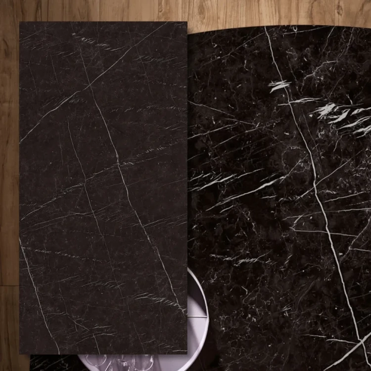 Spiek kwarcowy Nero Marquina Silk 320x160x0,6 cm - głęboka czerń w nowoczesnej satynie